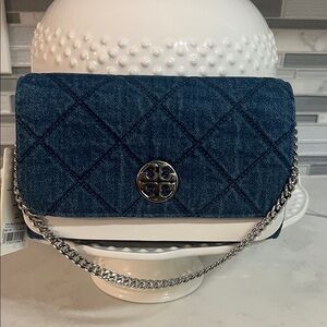 NWT Tory Burch Quilted Denim Willa Crossbody with Silver Chain